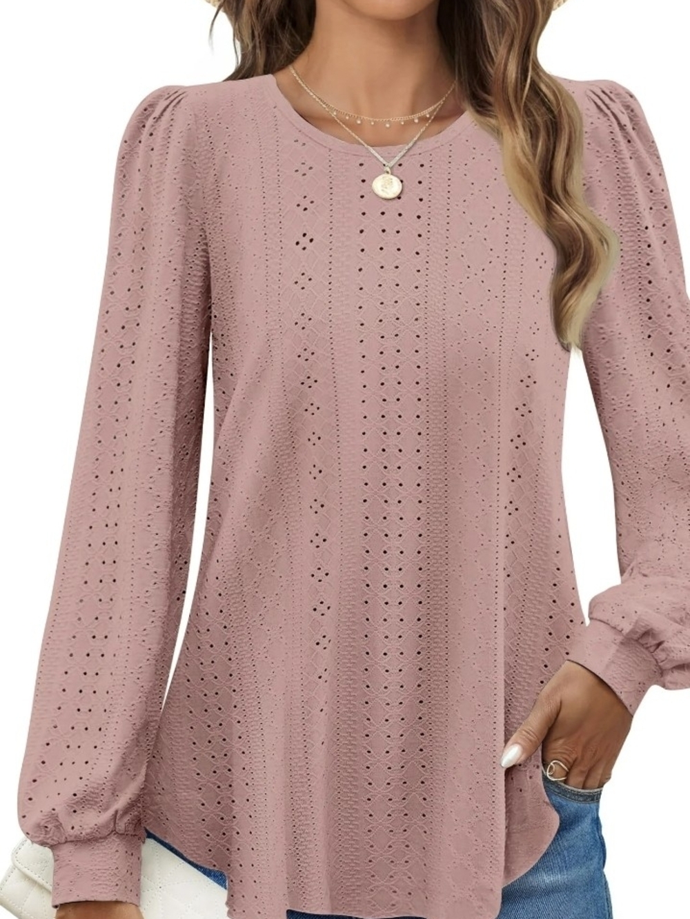 Women's Eyelet Long Sleeve Blouse - Dusty Pink